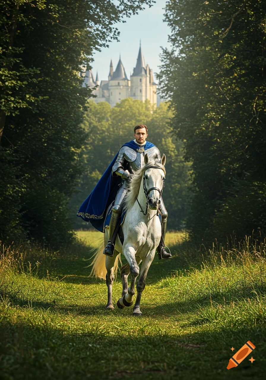 A knight in shining armor with a blue cape rides a white horse through a sunlit forest path, a castle in the background. Photorealistic.