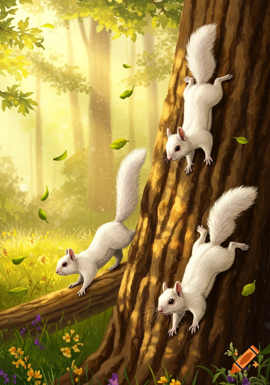 Three white squirrels climb a large tree trunk and a branch in a brightly lit, green forest with wildflowers.