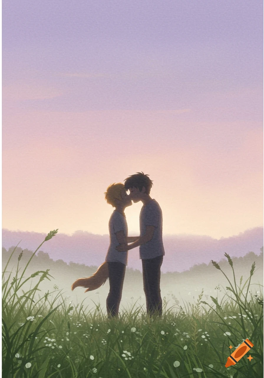 Illustration of two figures, one with a fox tail, kissing in a grassy field at sunset with a pastel sky.