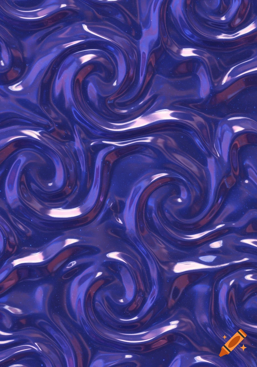 A vibrant, shiny deep purple and blue abstract pattern with flowing, swirling lines, resembling liquid metal or glossy fabric.