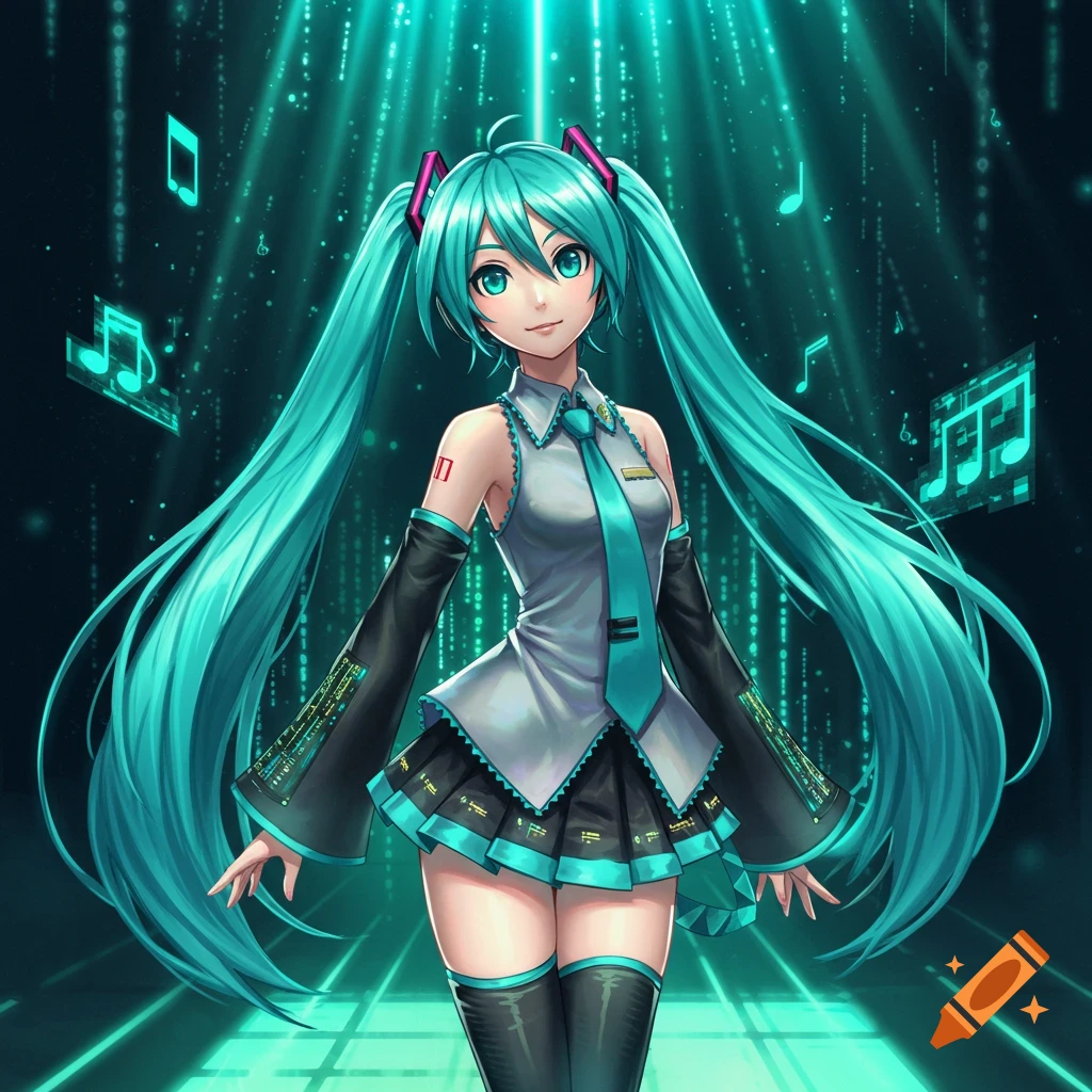 Anime character Hatsune Miku with long teal pigtails, wearing a grey and black outfit with a teal tie, stands against a dark background with glowing green digital code and musical notes.