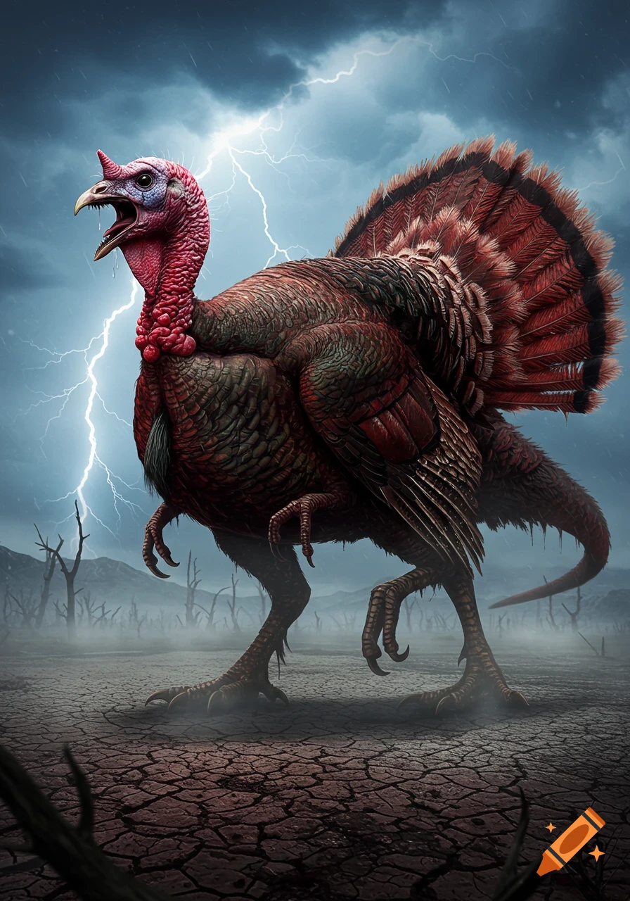 A horrifying, red-feathered, dinosaur-like turkey stands in a cracked, barren landscape under a stormy sky with lightning.