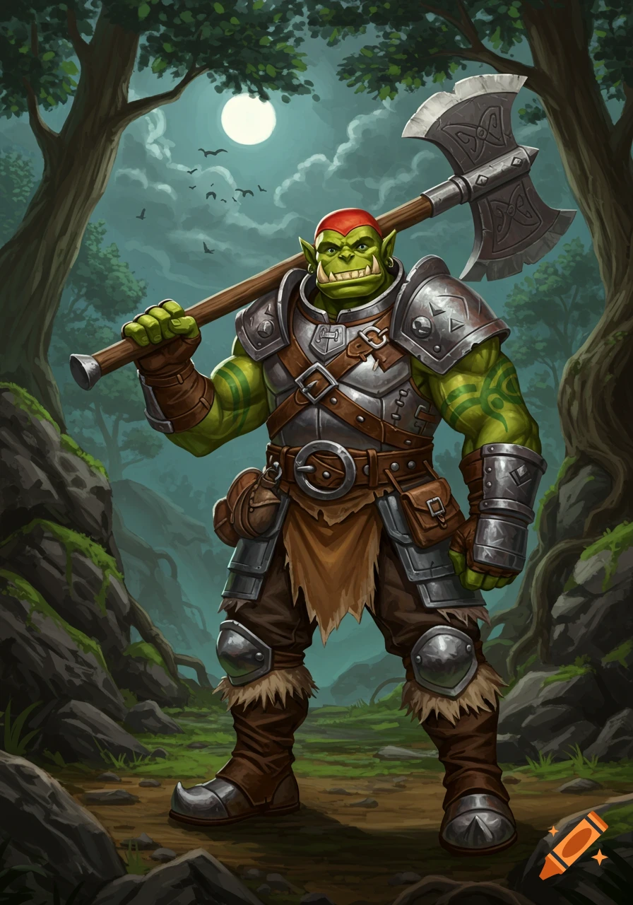 A muscular green-skinned orc in silver and leather armor, with a red cap, holds a double-bladed axe over his shoulder in a moonlit forest.