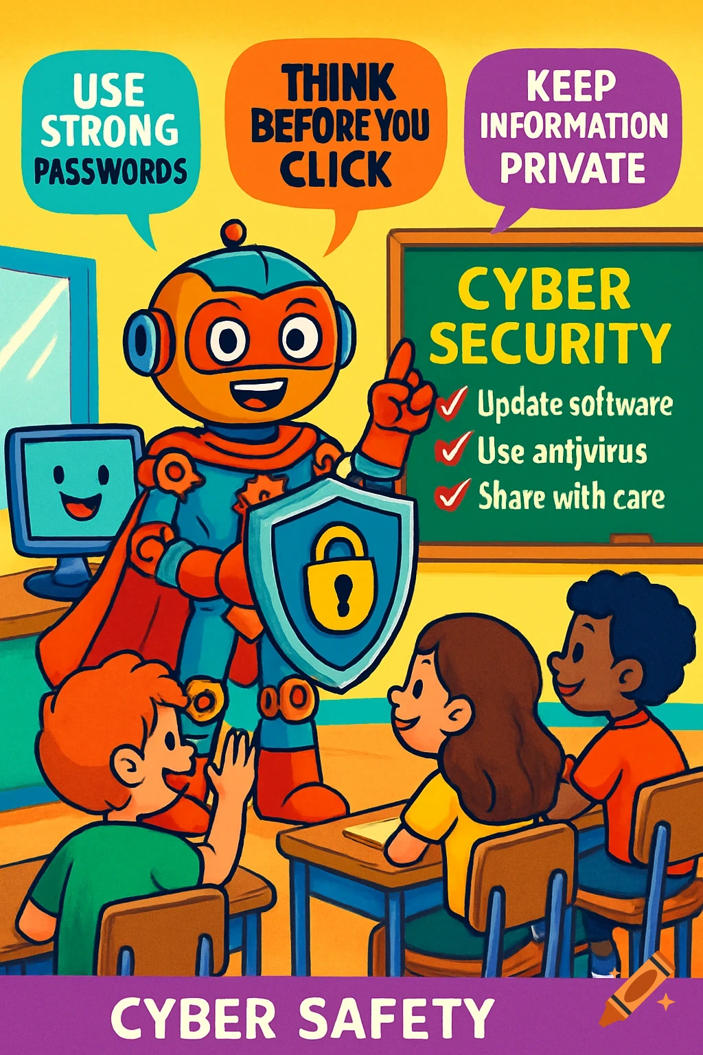 A cartoon robot superhero teaches cyber safety to three kids in a classroom, with speech bubbles, a shield, and a chalkboard with tips.
