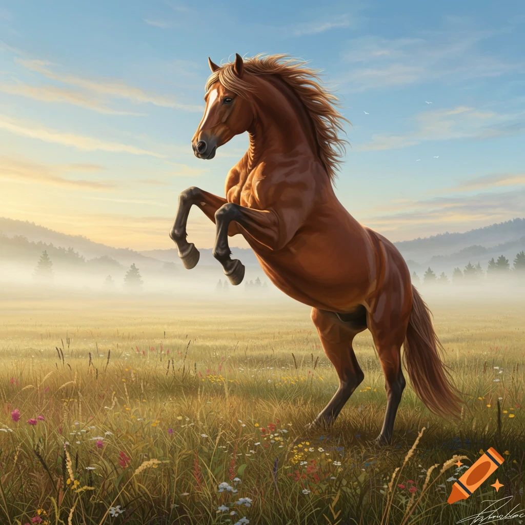 A majestic brown horse rears up in a vibrant, misty field with distant hills under a warm, glowing sky.