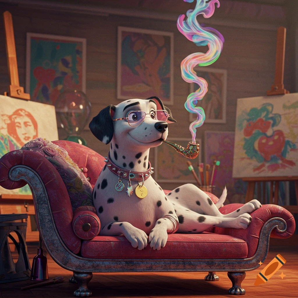 A cartoon Dalmatian dog in glasses relaxes on a red chaise lounge, smoking a pipe with colorful swirling smoke, in an artist's studio.