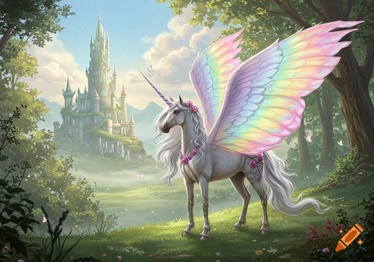 A majestic white winged unicorn with a purple horn and rainbow butterfly wings stands in a lush green forest with a magical castle.