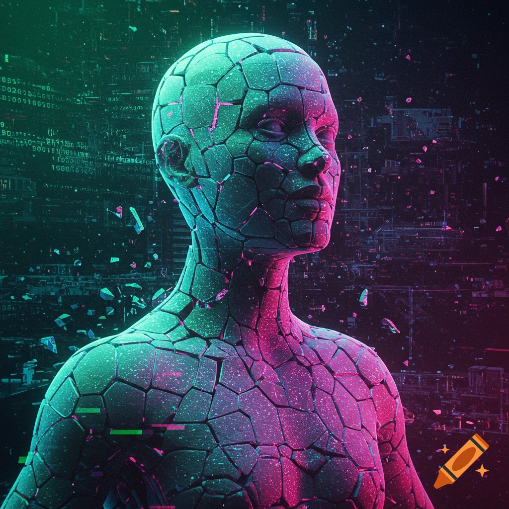 Fragmented humanoid bust with glowing green and pink light against a dark, glitching digital background, in a sci-fi art style.