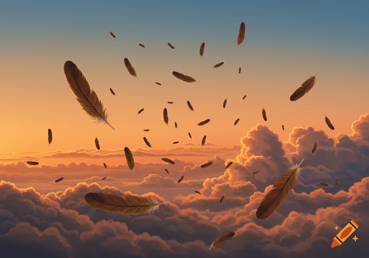 Many brown feathers float downwards through a blue sky and vibrant orange sunset-lit clouds.