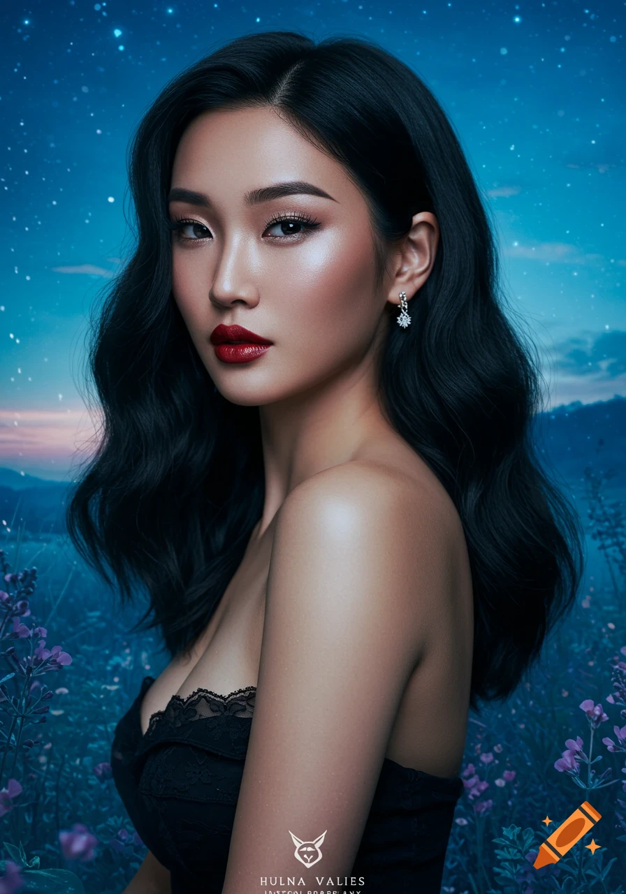 Photorealistic portrait of a woman with dark wavy hair and red lipstick, wearing a black lace top, against a starry blue sky and purple flowers.