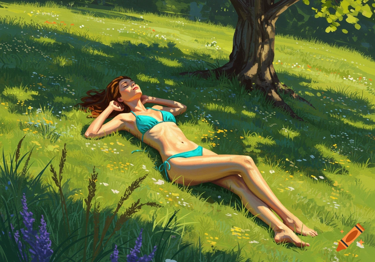 Illustration of a woman in a turquoise bikini lying on a sunny green meadow with wildflowers under a tree, eyes closed.