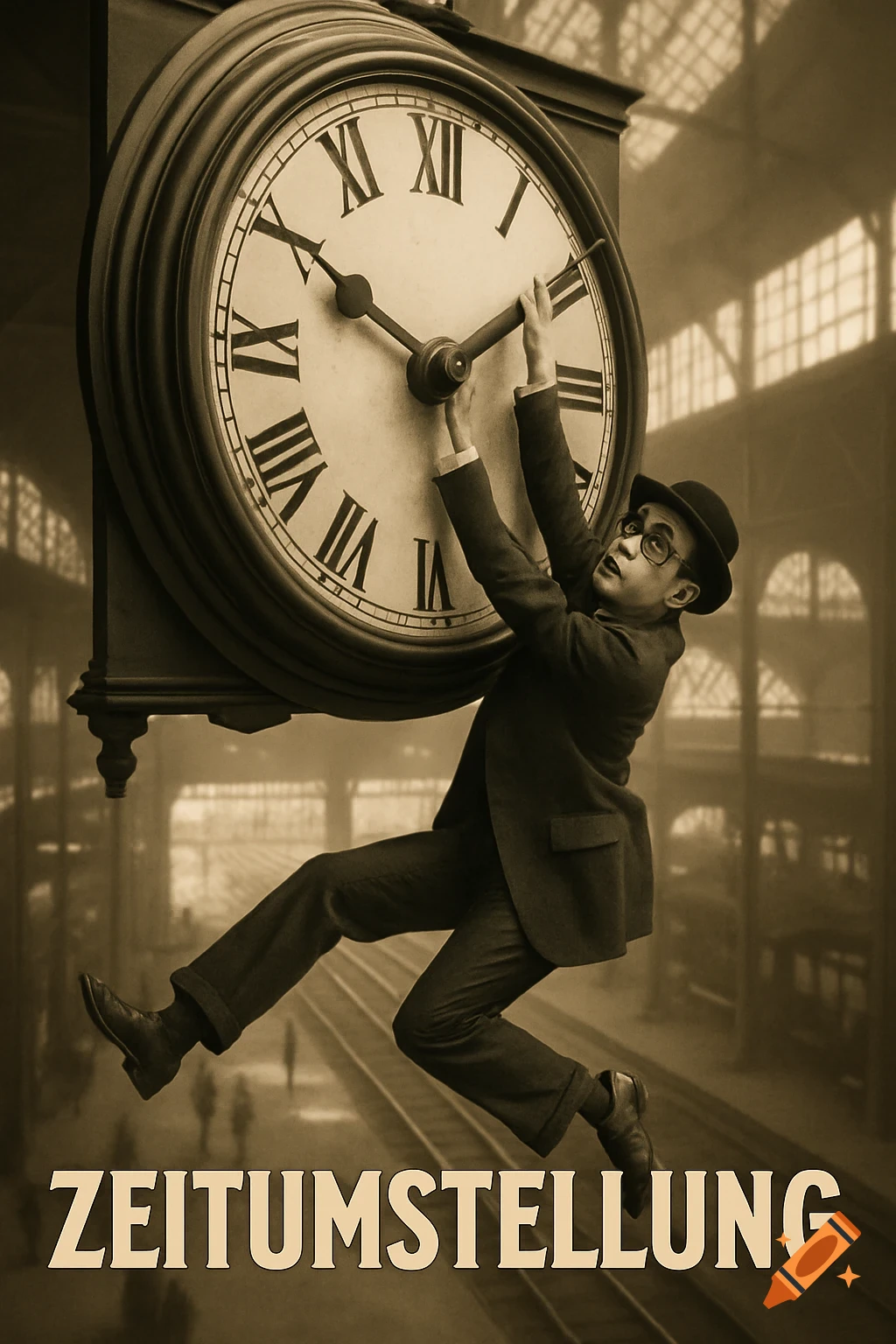 A man in a suit hangs from a giant clock's minute hand in a sepia-toned train station, text 'ZEITUMSTELLUNG'.