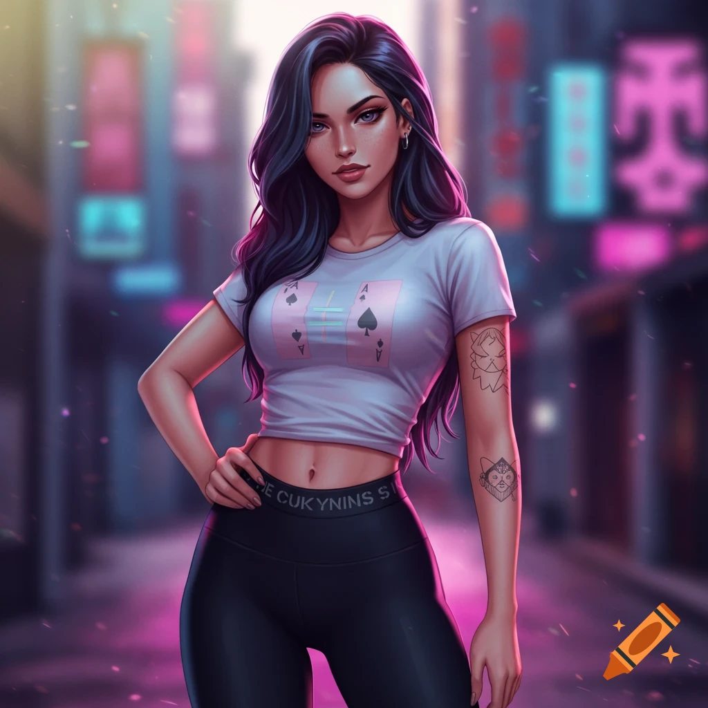 Anime woman with dark hair, white crop top, and black leggings poses in a neon-lit urban setting.