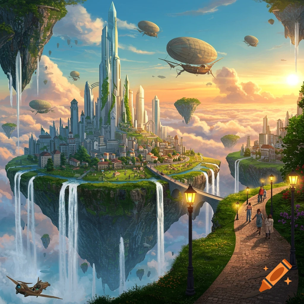 A fantastical city built on a floating island, featuring futuristic architecture, cascading waterfalls, and airships in a sunset sky.