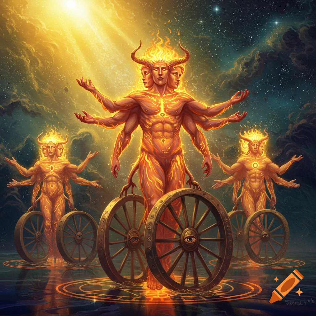 Three fiery, multi-faced, multi-armed beings with horns and wheels with eyes, standing on glowing symbols in a cosmic setting.