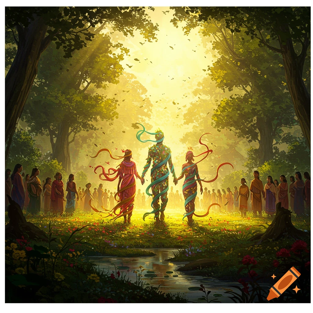 Three figures adorned with leaves and flowing ribbons hold hands, walking through a vibrant, sunlit forest with a stream, flowers, and a surrounding crowd.