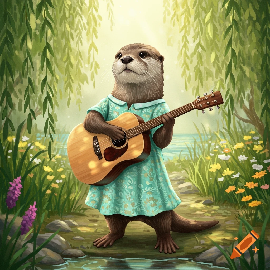 A cute otter in a light blue dress playing a guitar in a lush, green, whimsical forest setting by a stream.