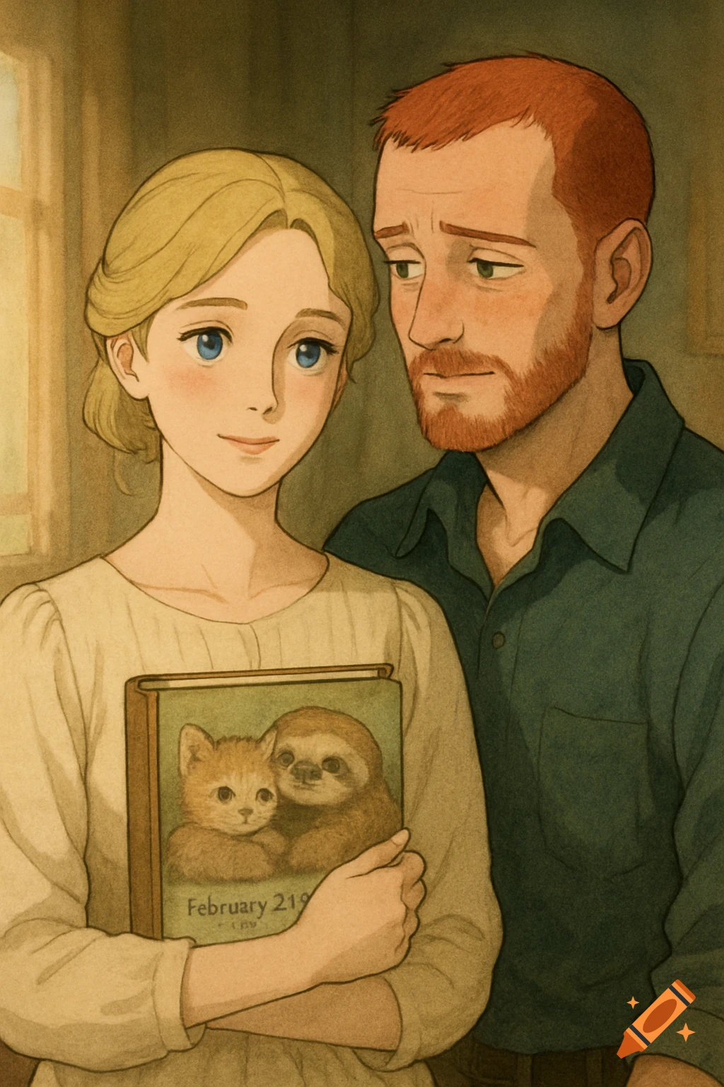 A Ghibli-style illustration of a blonde woman holding a book with a kitten and sloth, next to a red-haired man.