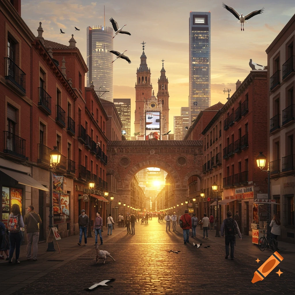 A bustling city street at sunset, with old brick buildings and an archway leading to modern skyscrapers and a cathedral in the background, all under a bright orange sky with flying storks.