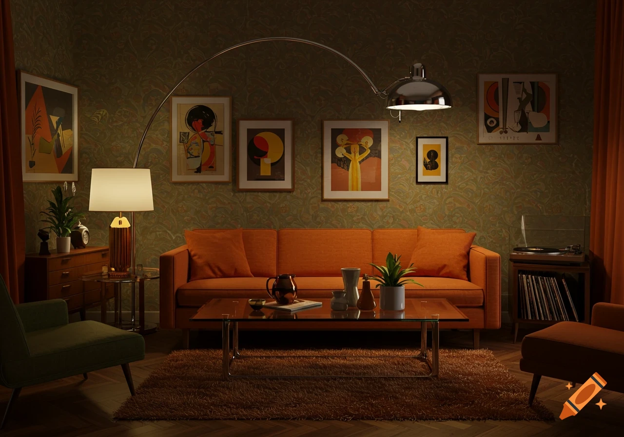 A 1970s style lounge room with an orange sofa, a green armchair, abstract wall art, and retro lamps under soft lighting.