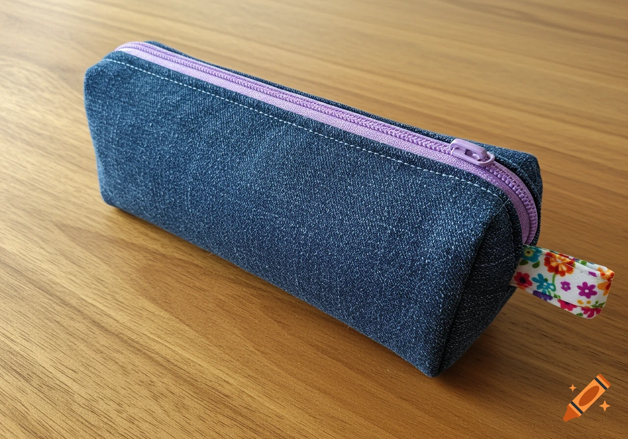 A hand-sewn denim pencil case with a lilac zipper and a colorful floral loop rests on a wooden table.