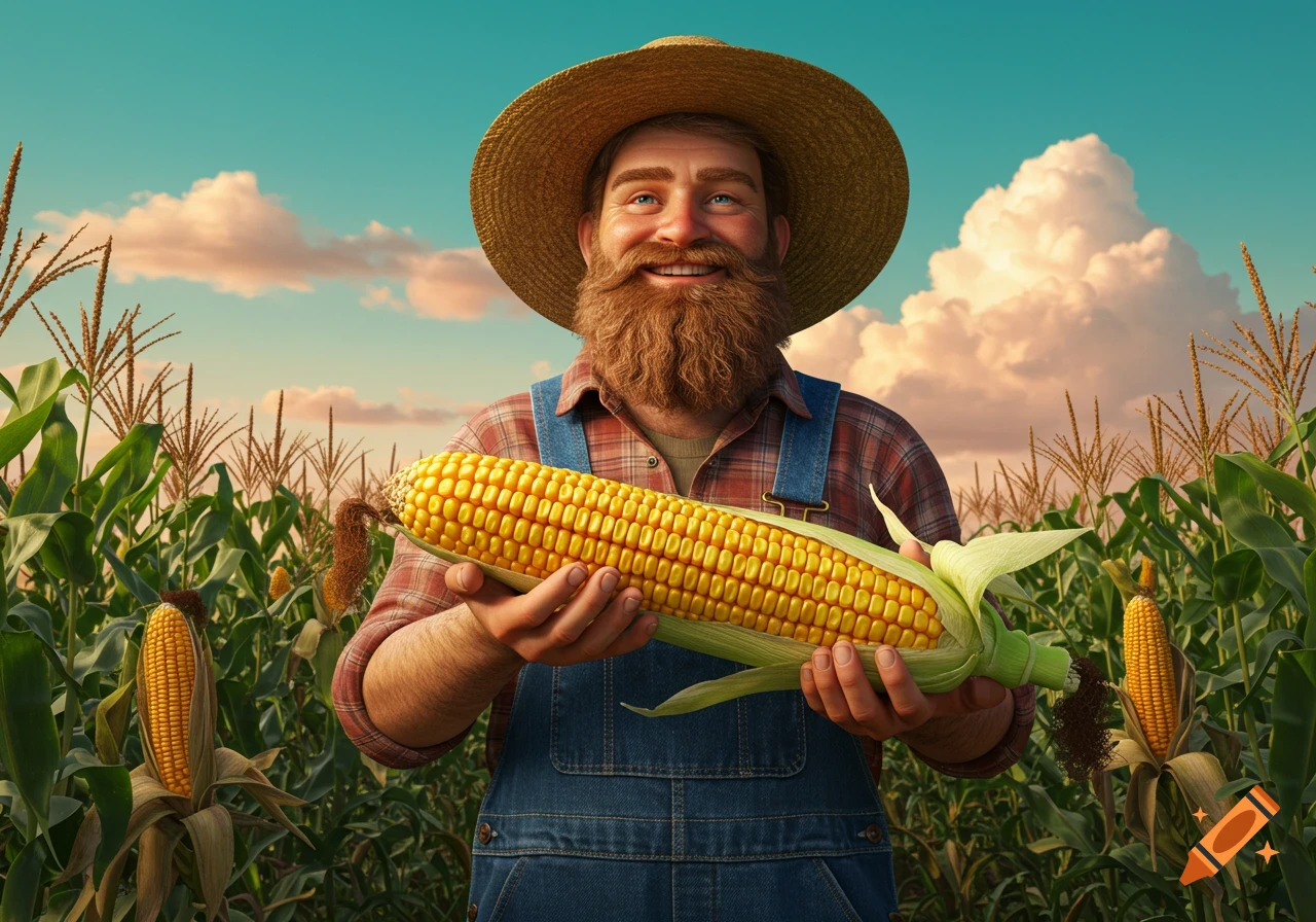 A happy, bearded farmer in a straw hat and overalls holds a large ear of corn in a sunny field.