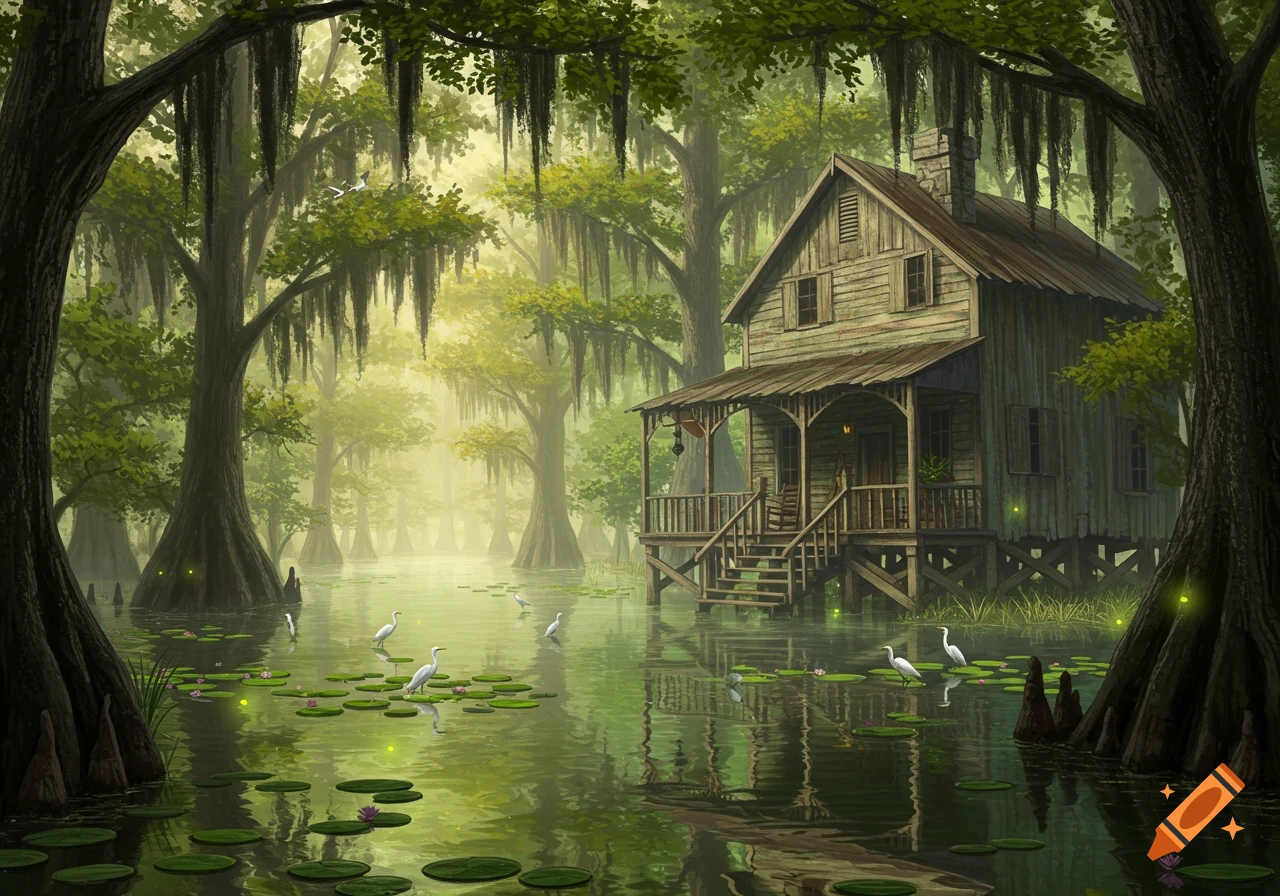 A rustic wooden house on stilts in a misty Louisiana bayou, surrounded by cypress trees, Spanish moss, lily pads, and white egrets.