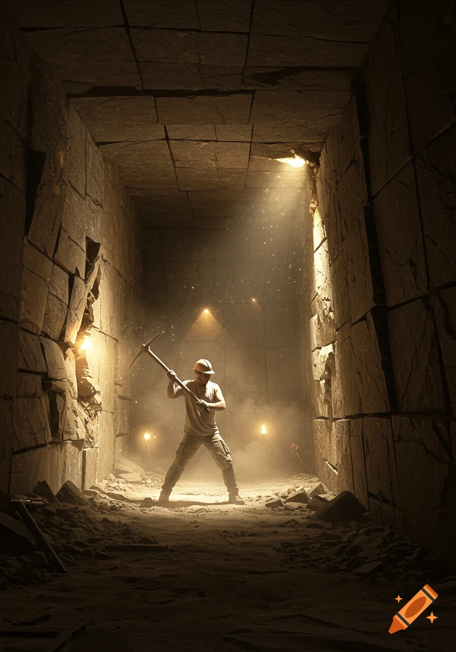 A worker in a hard hat uses a pickaxe to excavate a dark, dusty square tunnel, illuminated by spotlights.