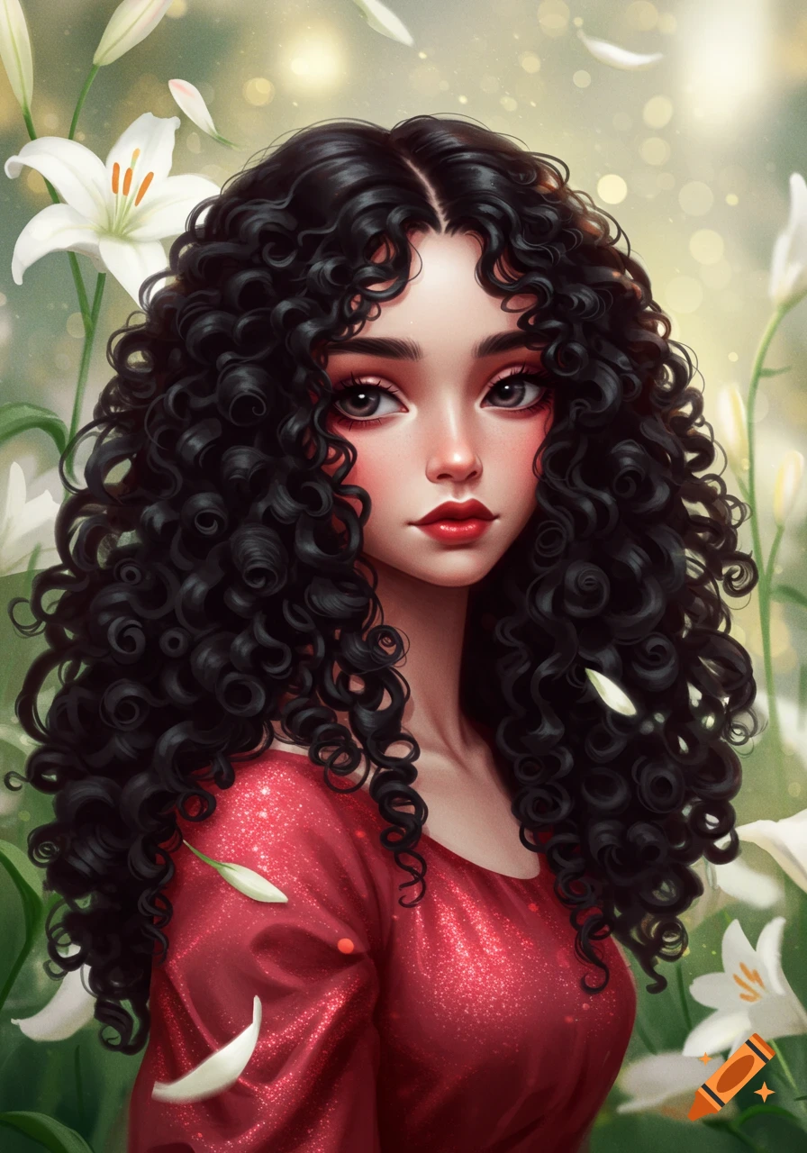 A doll-like girl with long, curly black hair and a sparkling red dress stands among white lilies. Digital art style.