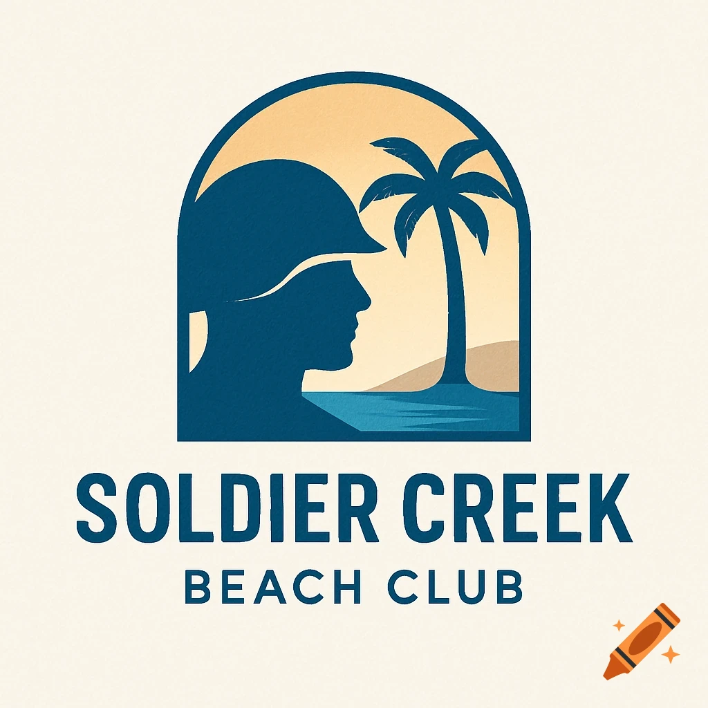 A logo featuring a soldier's profile and a palm tree within an arch, with 'SOLDIER CREEK BEACH CLUB' text below.