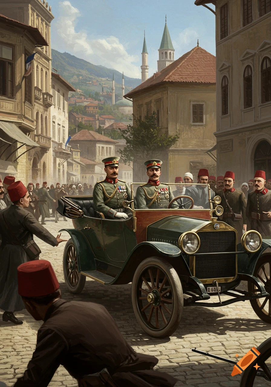 A dramatic painting of an assassination attempt in a historical city street. Two officers in uniform are in an old car, while a crowd gathers and a man lies on the cobblestones.