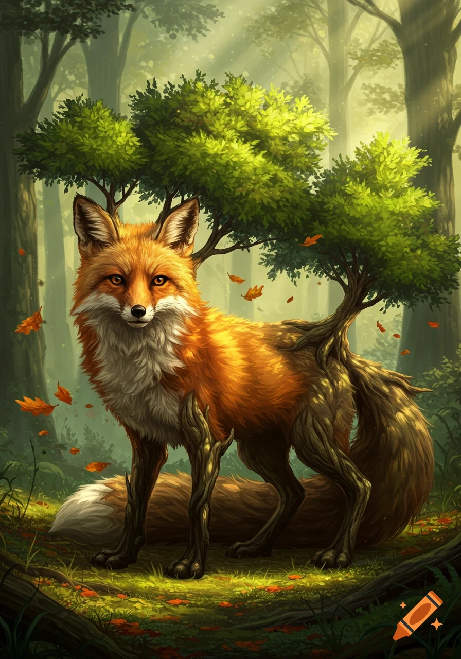 A majestic fox with a body made of intertwining tree roots and branches, with green foliage on its back, stands in a sunlit forest, falling leaves around it.