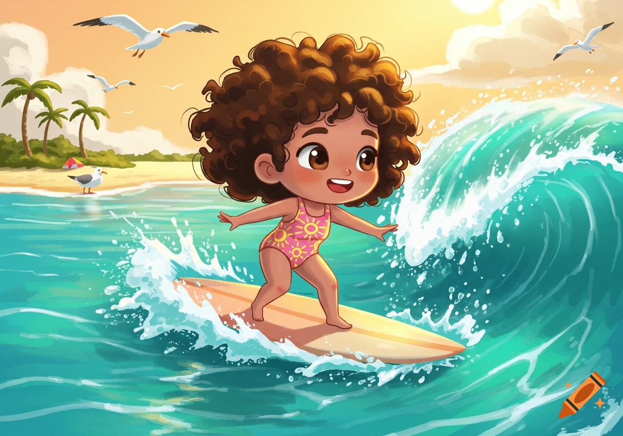 Cute cartoon girl with curly brown hair surfing on ocean waves at a sunny beach.