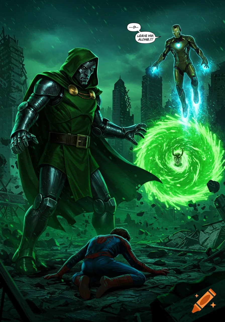 Doctor Doom looms over a fallen Spider-Man, while Iron Man flies in shouting, 'Leave him alone!' as Loki's head appears in a green portal in a ruined city. Comic book art.