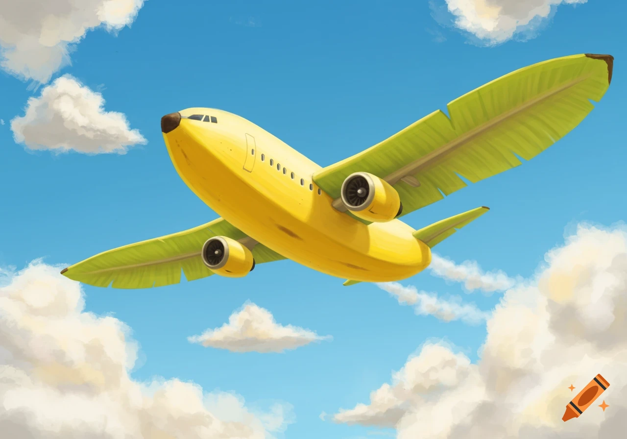 A yellow banana-shaped airplane with banana leaf wings flies through a blue sky with white clouds in an illustration.