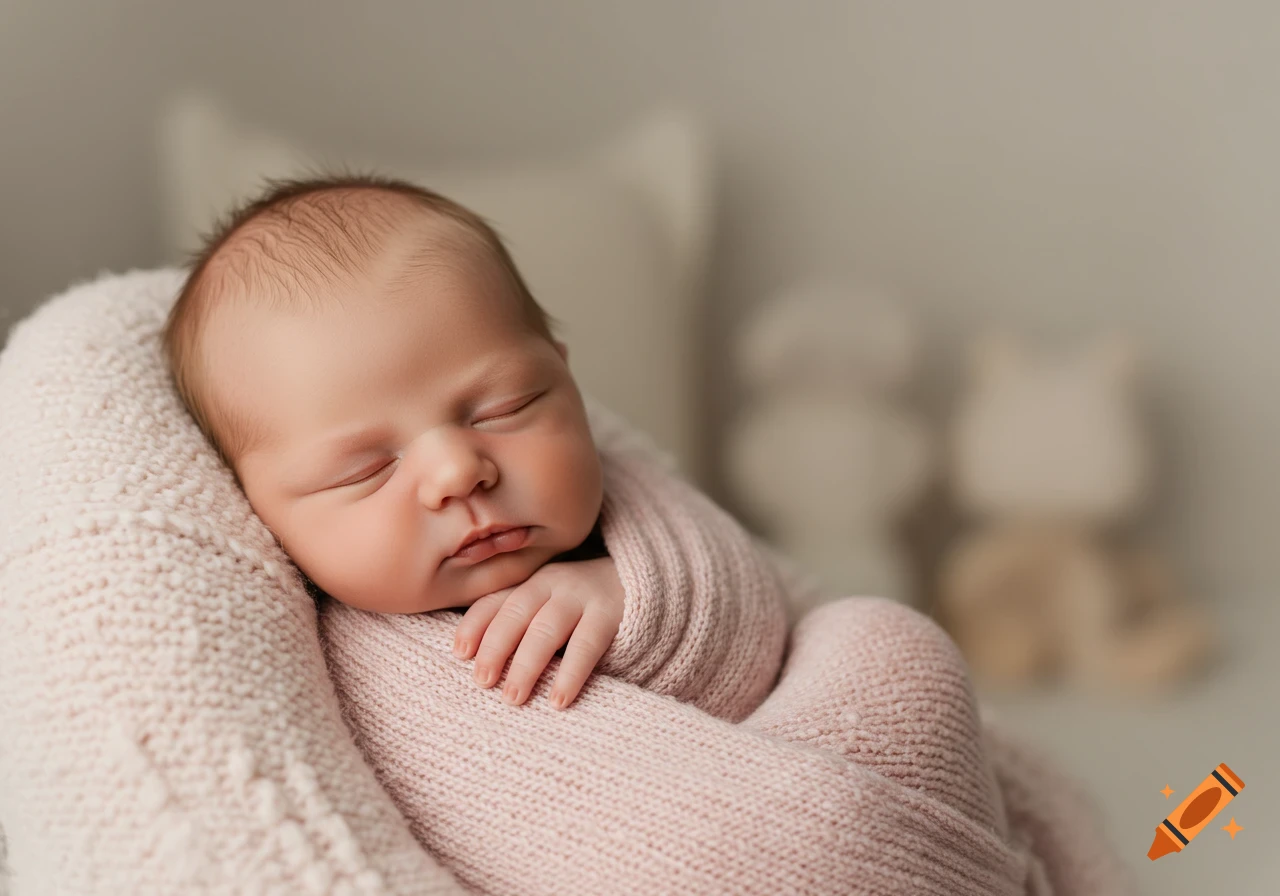 Photorealistic image of a sleeping newborn baby wrapped in a pink knitted blanket.