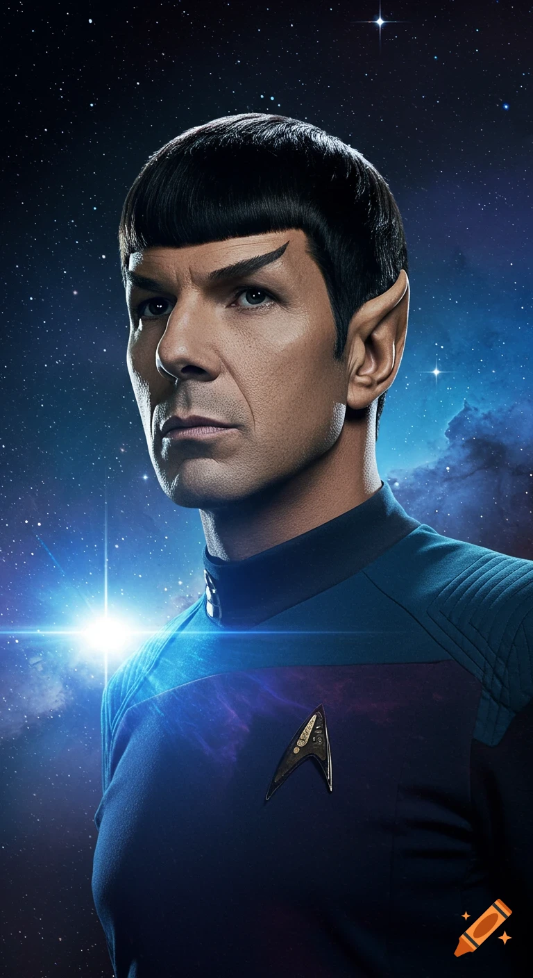 Photorealistic portrait of Spock from Star Trek, a man with pointed ears and distinct eyebrows, wearing a blue Starfleet uniform against a cosmic background with a bright star.