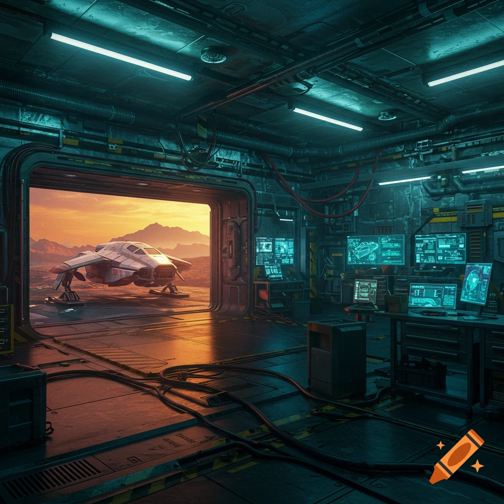 A futuristic workshop with glowing screens, wires, and tools, featuring a sleek white spaceship landing outside in a desert landscape at sunset.
