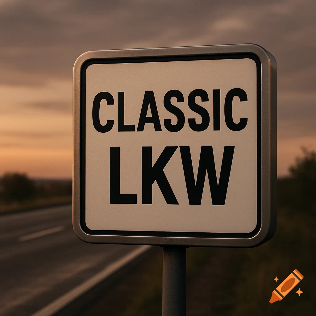 Photorealistic image of a road sign with the text 'CLASSIC LKW' against a sunset sky.
