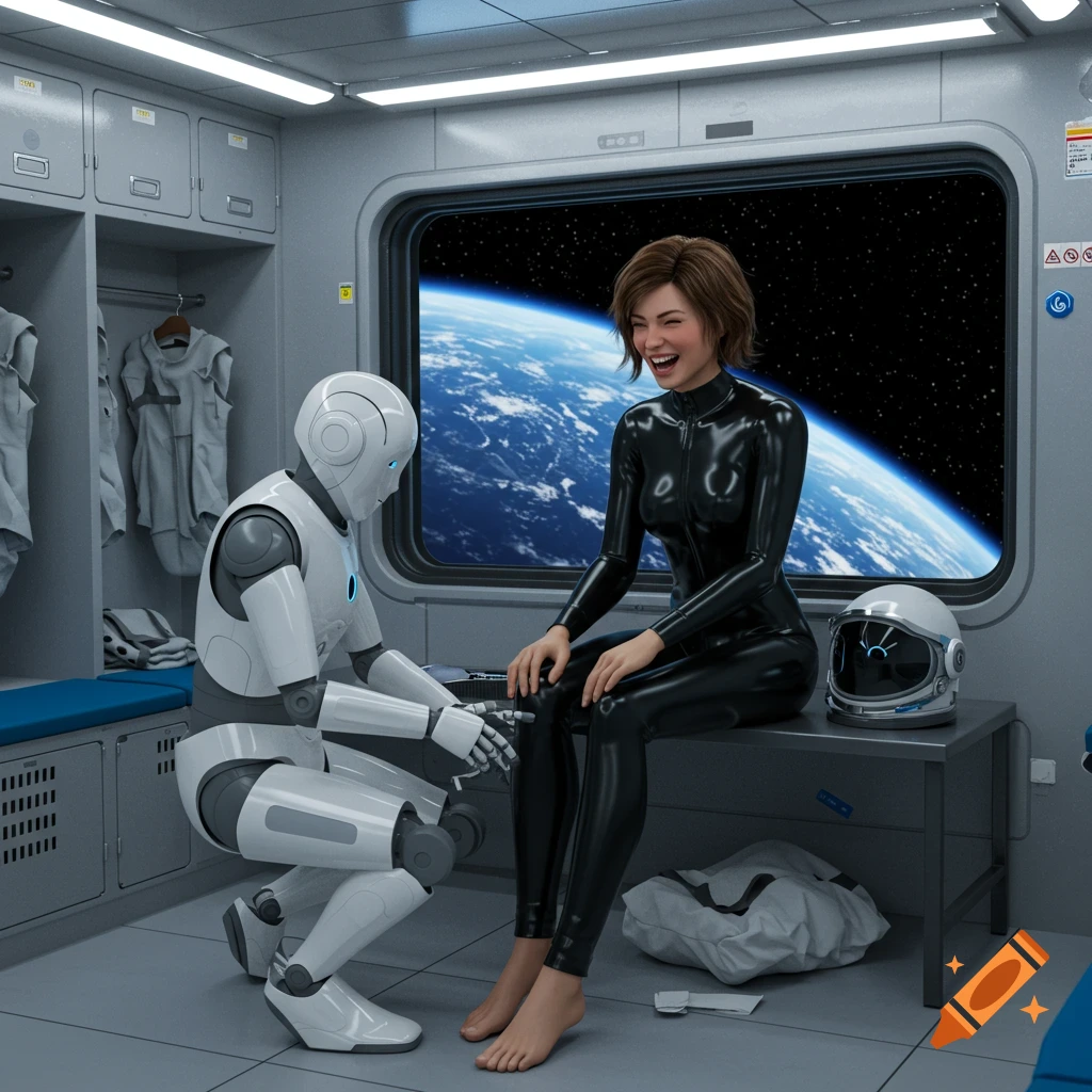 Photorealistic image of a woman in a black latex suit laughing as a robot tickles her feet in a space station, Earth visible.