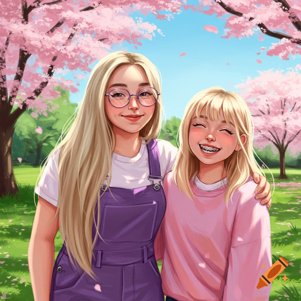 Two blonde girls, one with glasses and purple overalls, the other with braces and a pink sweater, smiling in a cherry blossom park. Illustrated style.
