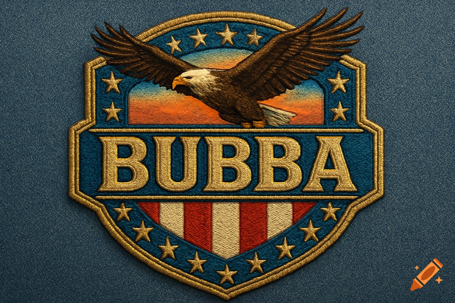 An embroidered patriotic patch featuring a bald eagle soaring over a sunset, with the name BUBBA in gold letters, surrounded by stars and stripes.