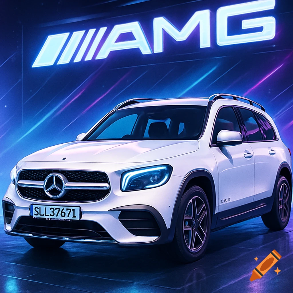A white Mercedes-Benz GLB SUV is parked in front of a glowing blue AMG logo with neon lights.