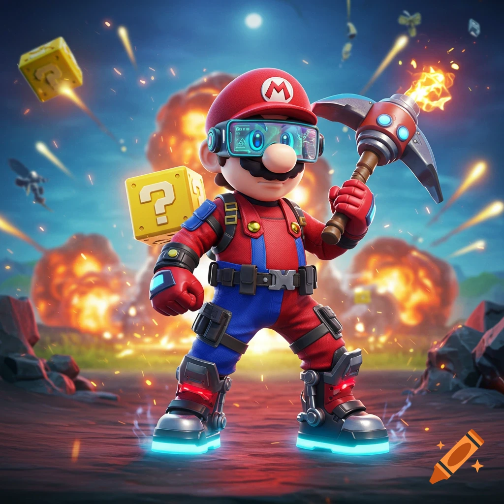 Mario in Fortnite-style tactical gear, holding a glowing pickaxe, with question blocks and explosions in the background.
