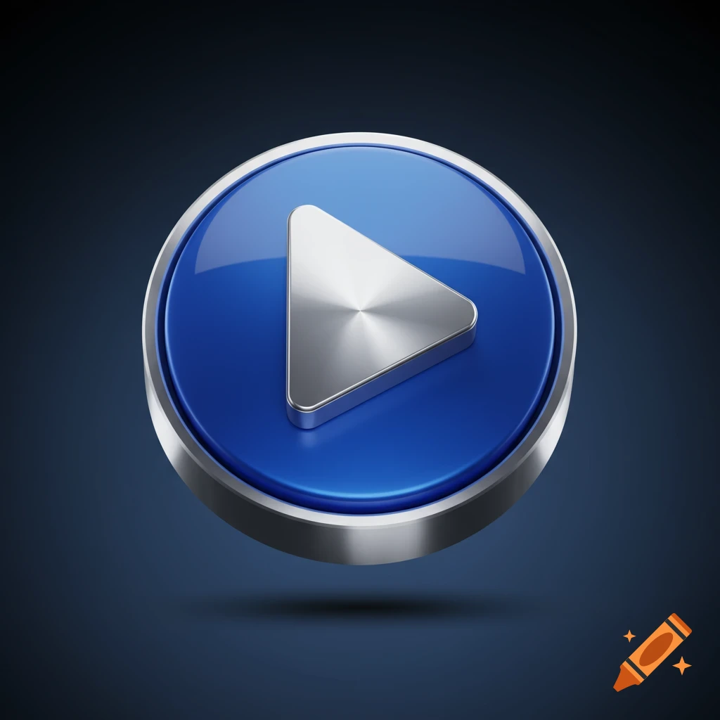 A 3D rendered blue media player play button with a metallic silver triangle symbol on a dark background.