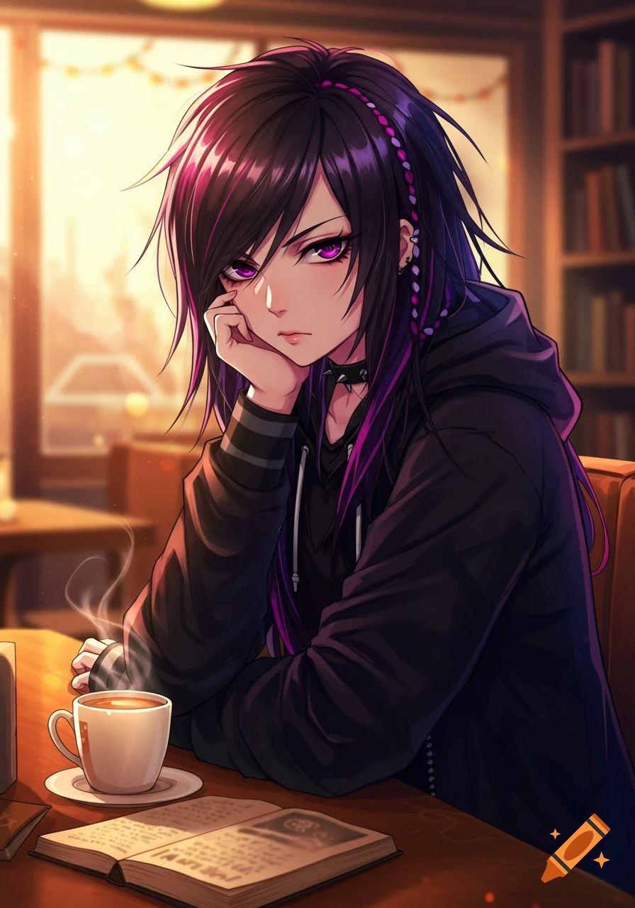 Anime girl with dark hair and purple streaks, wearing a black hoodie, sitting at a cafe table with coffee and an open book.