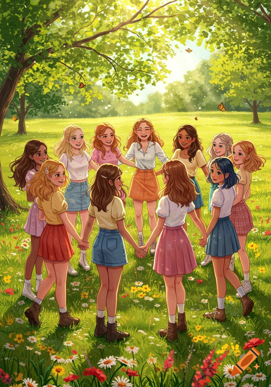 Ten illustrated girls with diverse hairstyles and clothes hold hands in a circle in a sunny park filled with green grass, trees, and wildflowers.