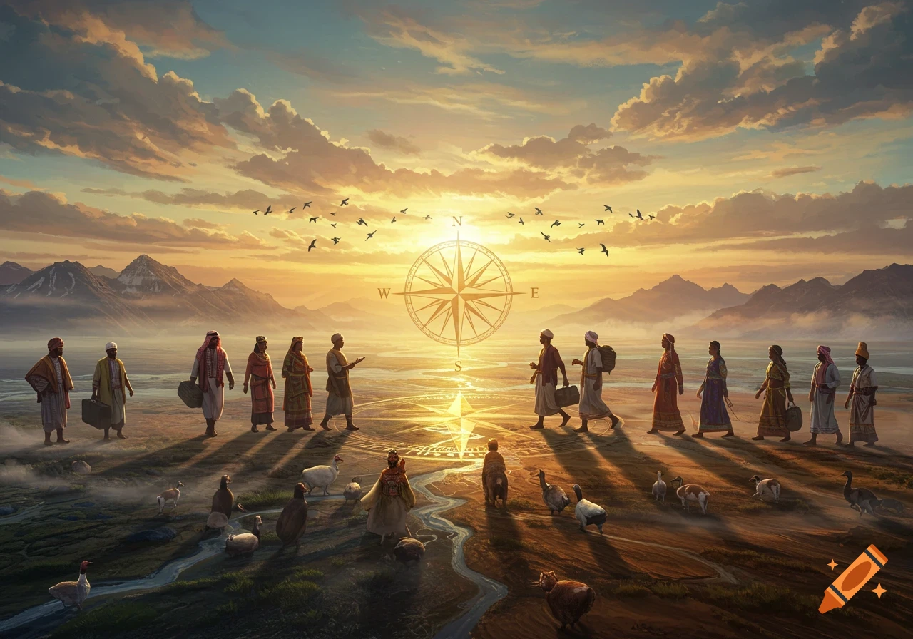 A diverse group of people and animals journeying across a golden desert landscape at sunset, with a compass rose in the sky.