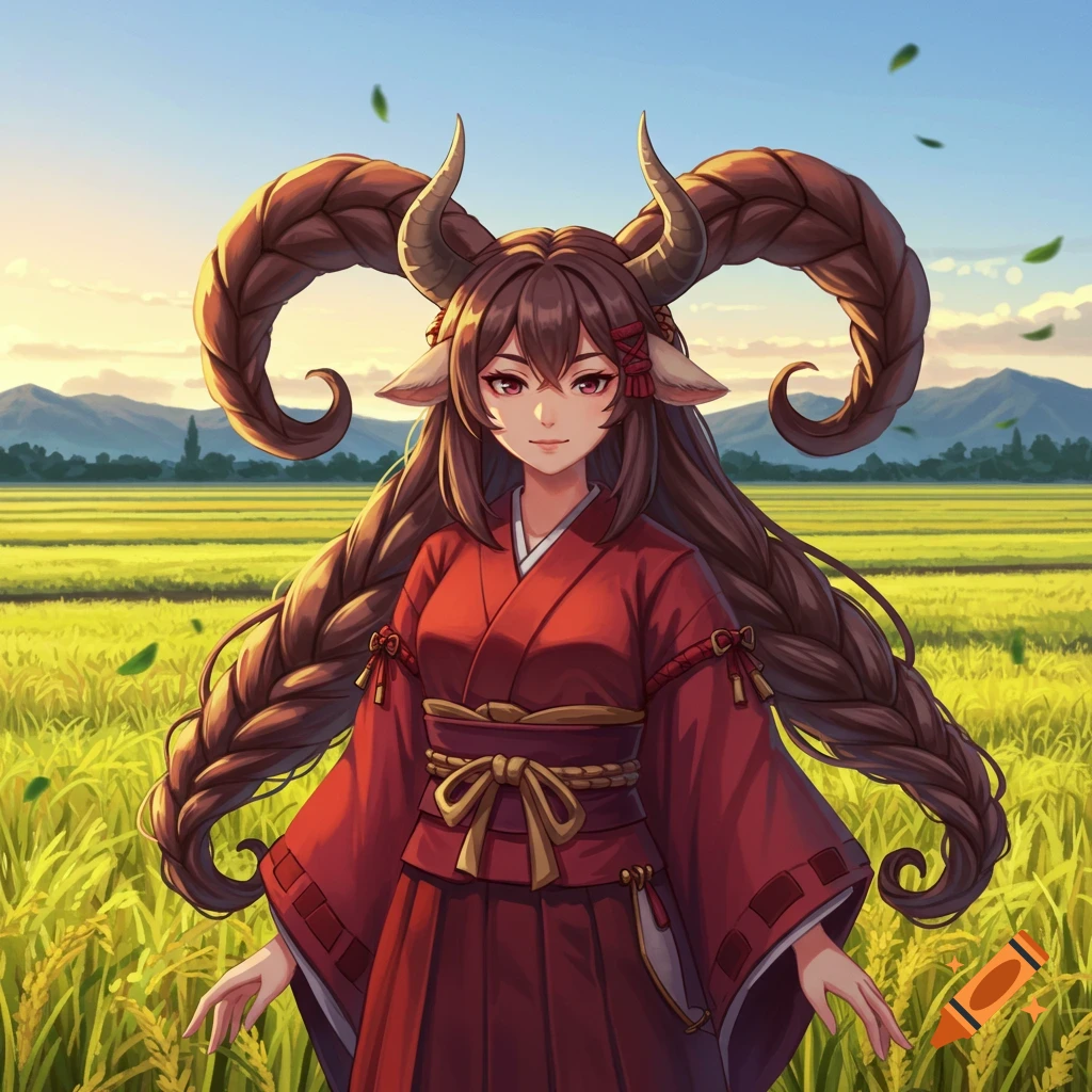 Anime girl with ox horns and ears, wearing a red kimono, standing in a golden rice field under a clear sky.