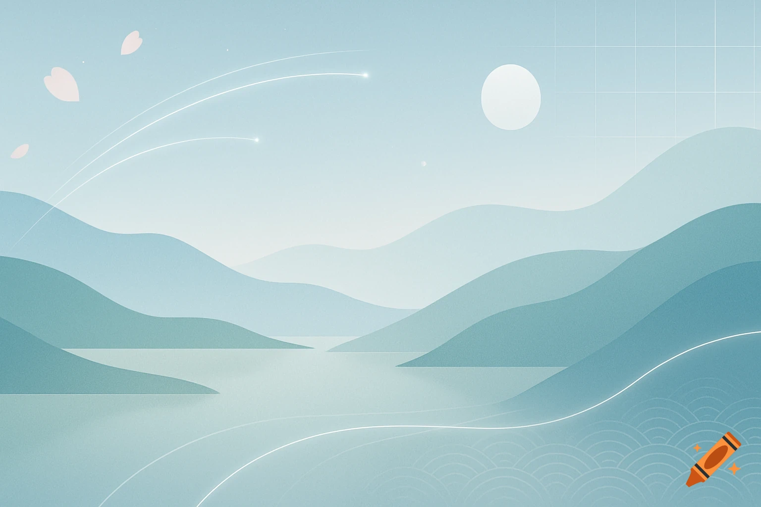 Minimalist abstract landscape with layered blue-green mountains, water, moon, cherry blossoms, and subtle Japanese wave patterns.